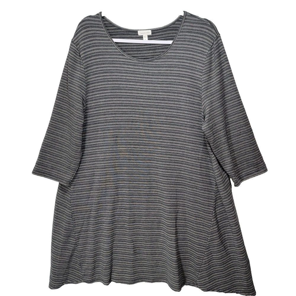 Garnet Hill Trapeze Swing Dress Womens XL Gray Striped Tencel Stretch Scoop Neck